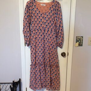 Emerson Fry Coral Pink Floral Long-Sleeve Tiered Midi Dress